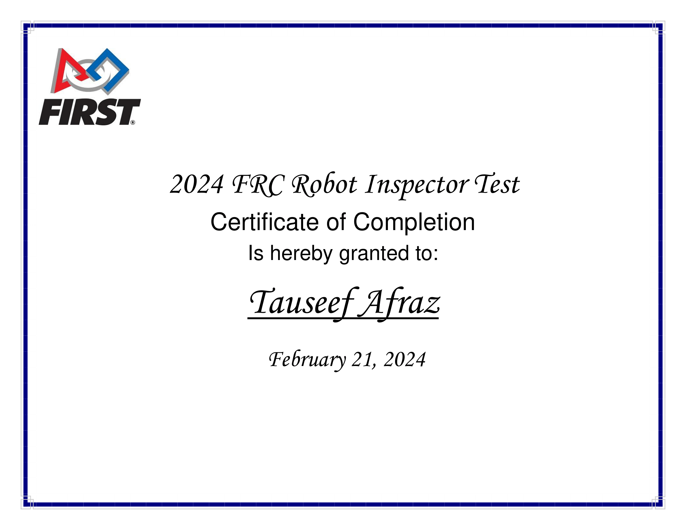 2024 FRC Robot Inspector Test completion certificate